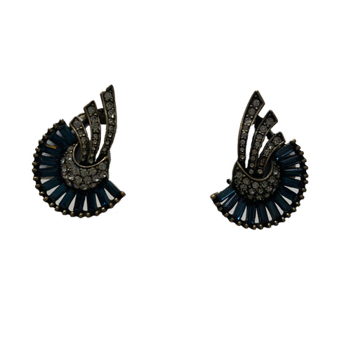 Vintage Unsigned French Blue & Clear Encrusted Crystal Fan Earrings (Clip-On)