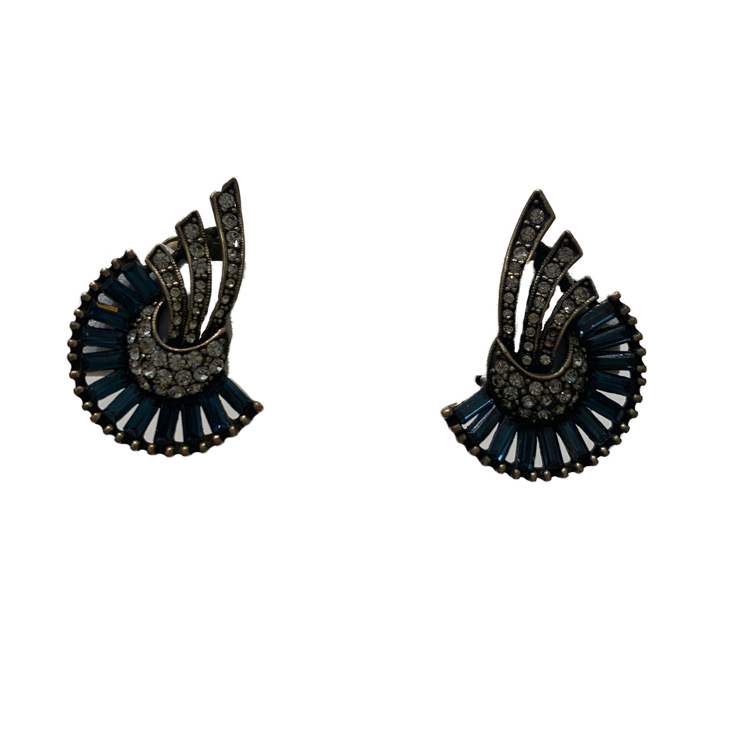 Vintage Unsigned French Blue & Clear Encrusted Crystal Fan Earrings (Clip-On)