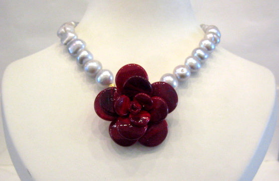 Pate-de-Verre Red Camelia & Freshwater Pearl Statement Necklace