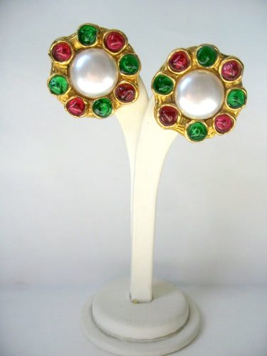 Vintage Pate-de-Verre Chanel Earrings with Faux Pearl