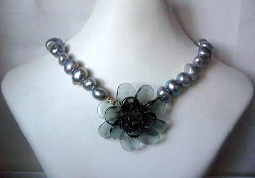 Pate-de-Verre & Freshwater Pearl Camelia Necklace