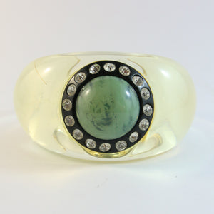 Signed Christian Lacroix Vintage Lucite Cuff Bangle With Crystal Rhinestones & Green Cabochon Stone