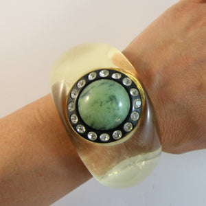 Signed Christian Lacroix Vintage Lucite Cuff Bangle With Crystal Rhinestones & Green Cabochon Stone