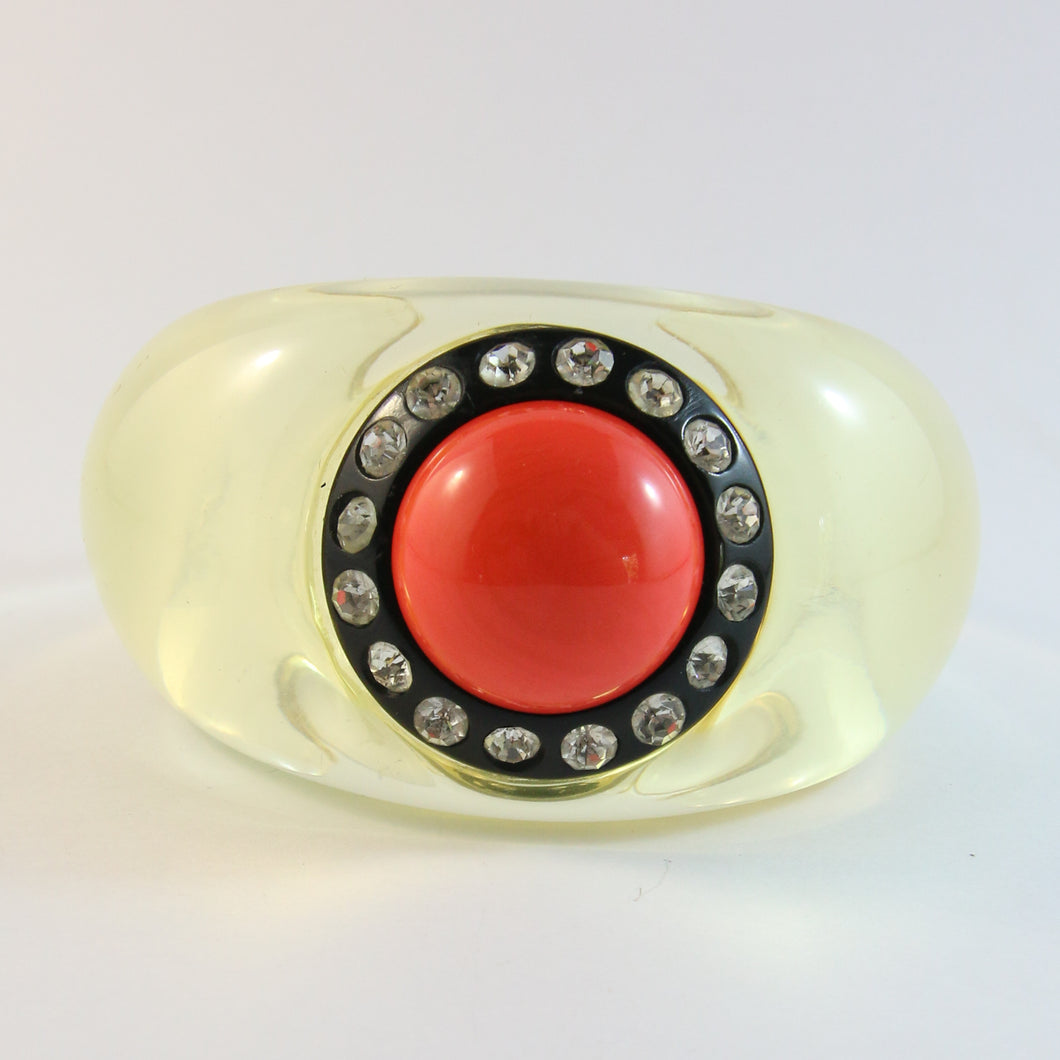 Signed Christian Lacroix Vintage Lucite Cuff Bangle With Crystal Rhinestones & Blood Orange Cabochon Stone