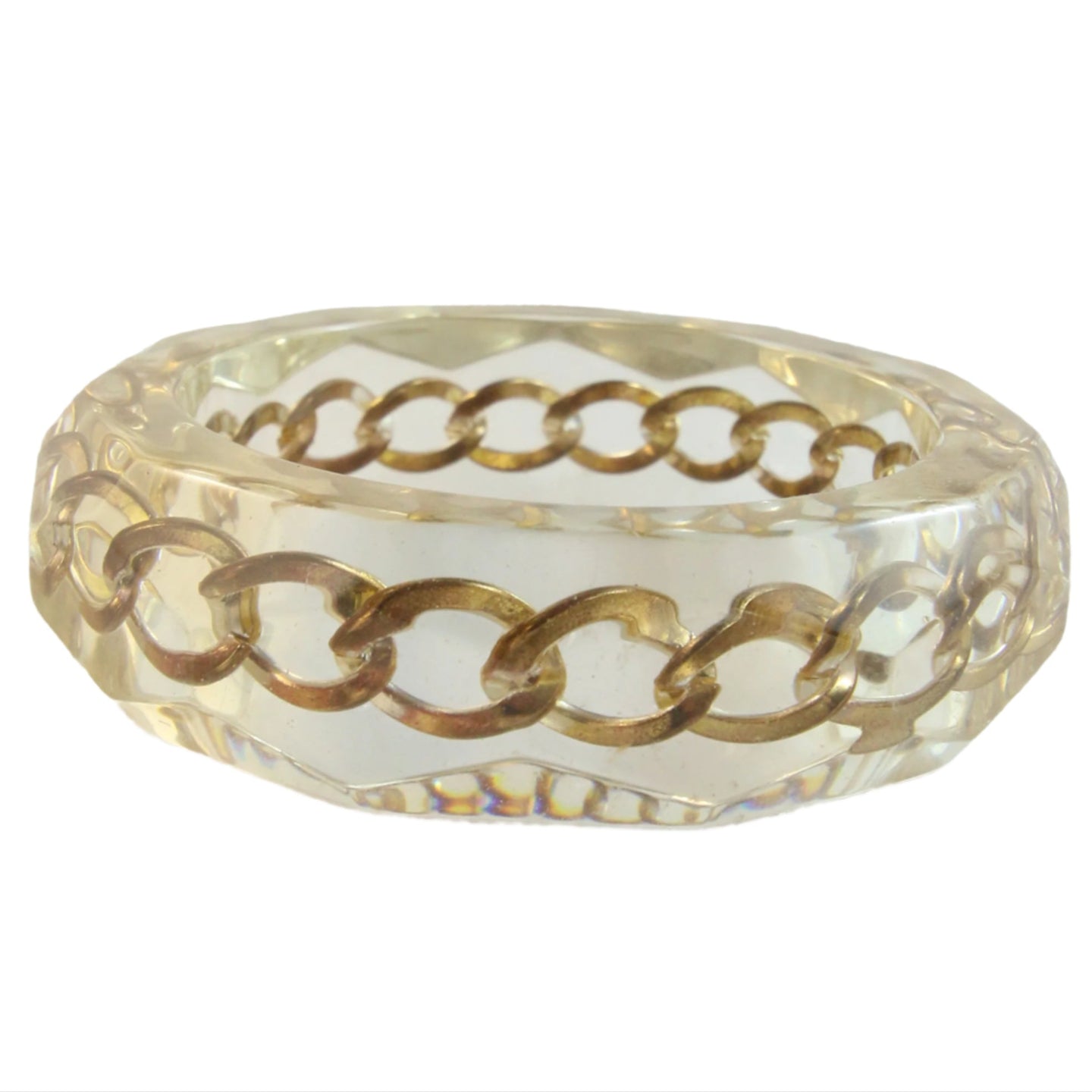 Vintage 1950s Faceted Lucite Bangle With Gold-Plated Chain