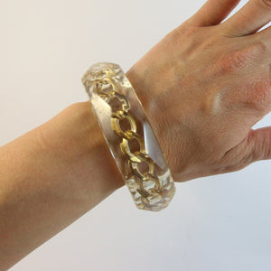 Vintage 1950s Faceted Lucite Bangle With Gold-Plated Chain