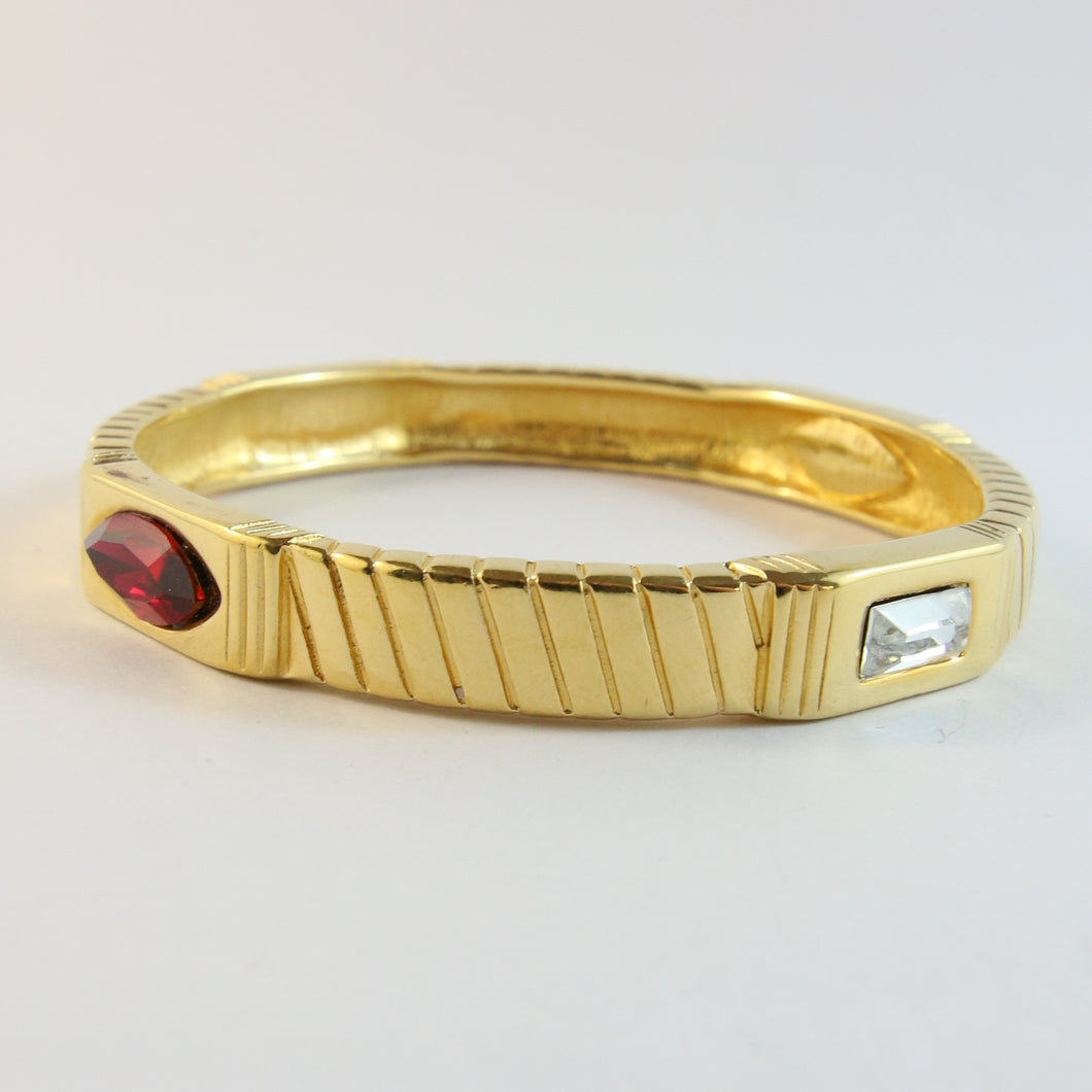 Vintage Signed French Monet Bangle With Clear & Red Crystals