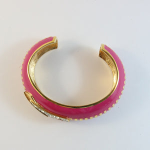 Signed Disaya French Vintage Cuff Bangle - Pink Enamel & Crystal Rhinestones