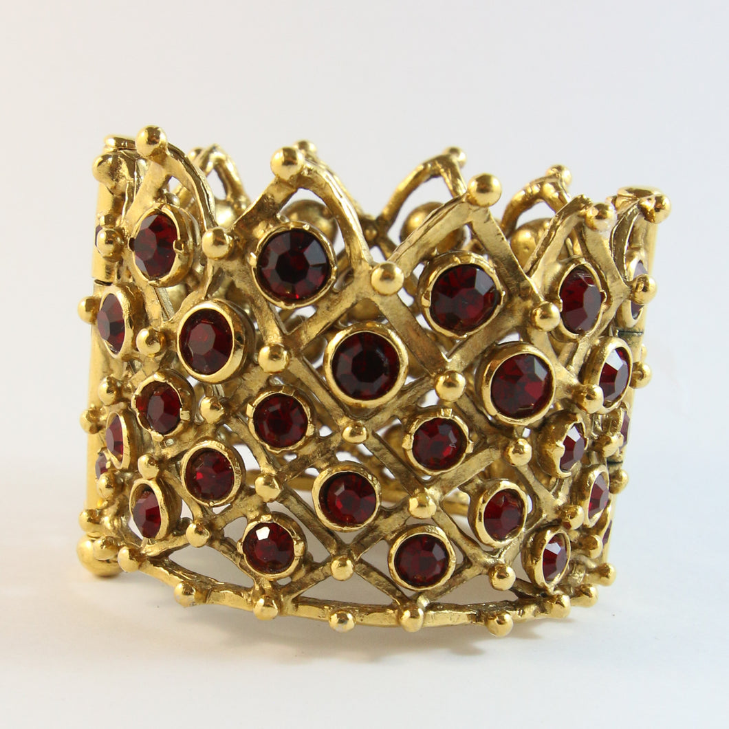 French Vintage Gold-Plated Crown Design Cuff Bangle With Red Crystals