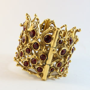 French Vintage Gold-Plated Crown Design Cuff Bangle With Red Crystals