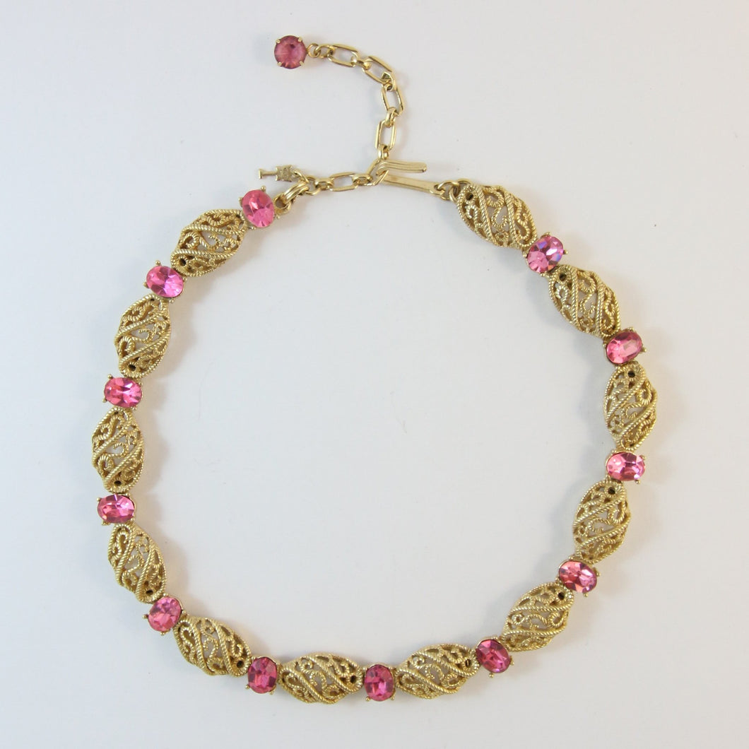 Vintage Trifari Gold Plated & Pink Crystal Necklace