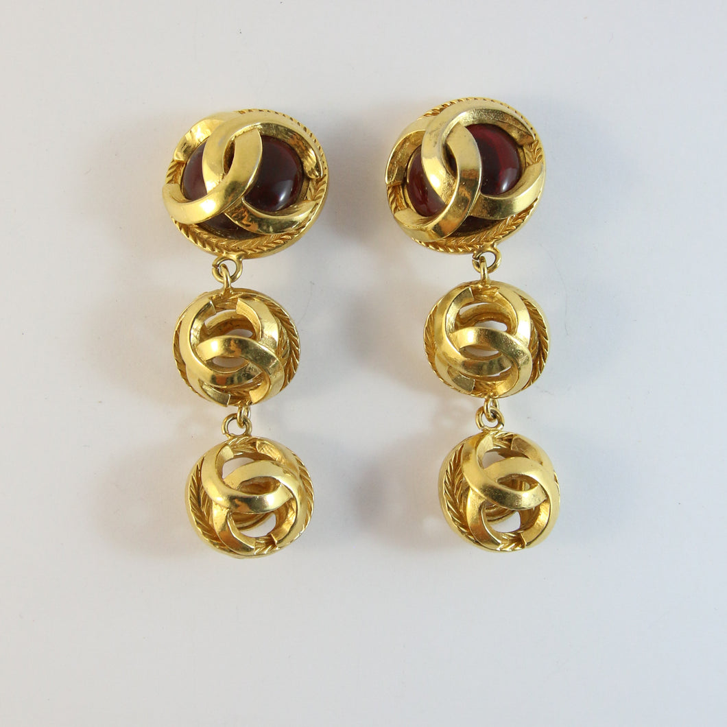 Vintage Signed Chanel Red Gripoix Logo Drop Earrings (Clip-On)
