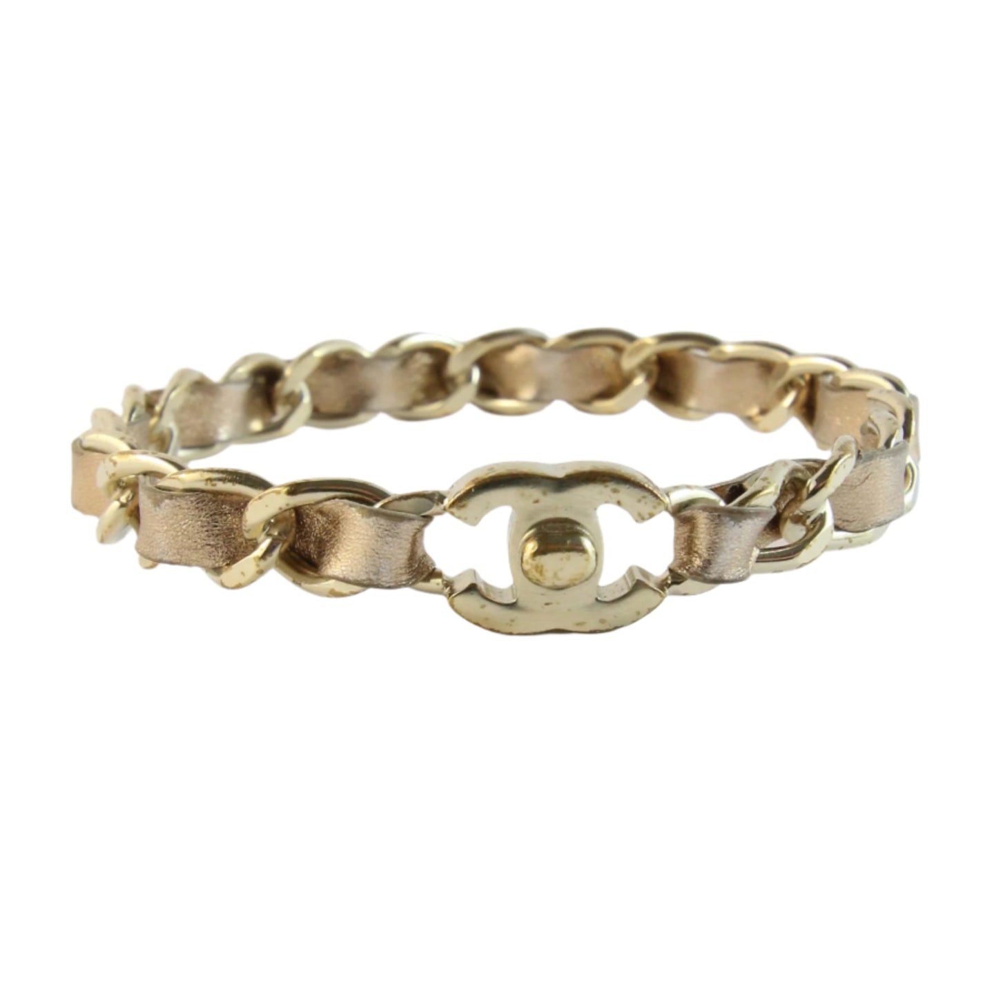 'CC' Chanel Vintage Gold Plated Chain & Leather Bangle