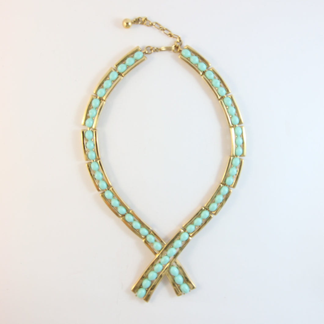 Vintage Trifari Gold Plated & Faux Turquoise Tassel Criss-Cross Necklace