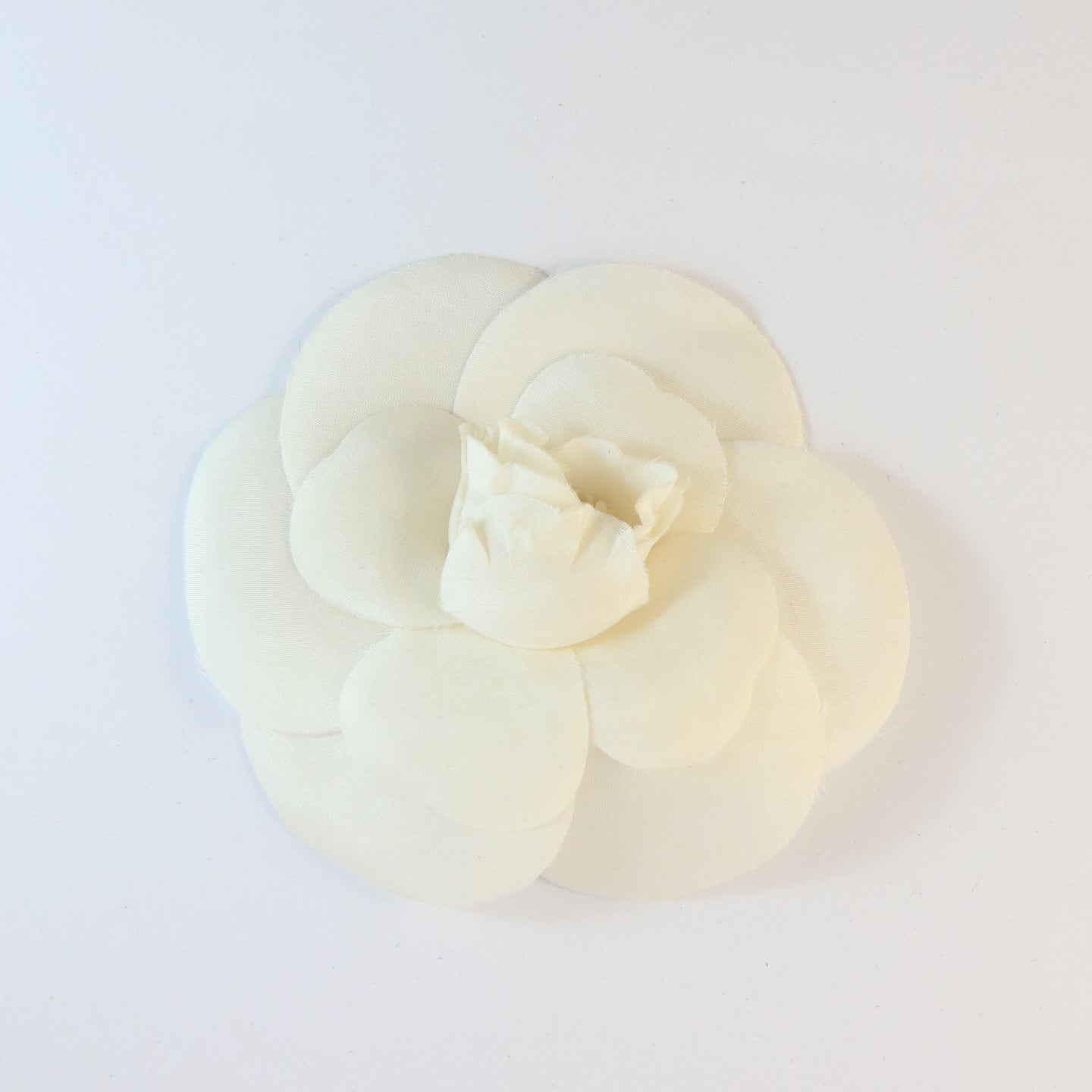 Signed Vintage Chanel Silk Cream Large Camellia Flower Pin Brooch c.1985