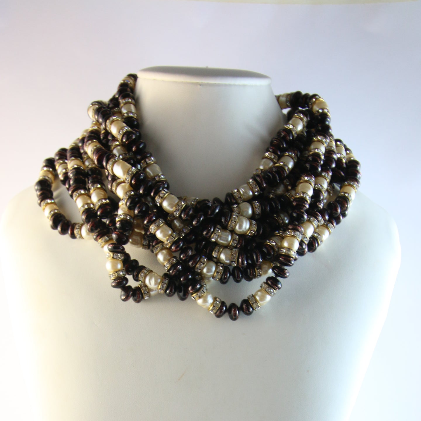 Unsigned Vintage Kenneth Jay Lane Nine Strand Aventurine & Faux Pearl Torchon Necklace