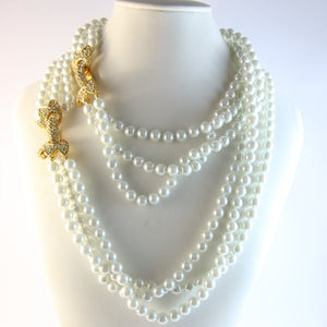 Signed Vintage Kenneth Jay Lane Triple Strand Faux Pearl Necklace & Crystal Rhinestone Clasps