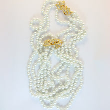Load image into Gallery viewer, Signed Vintage Kenneth Jay Lane Triple Strand Faux Pearl Necklace &amp; Crystal Rhinestone Clasps