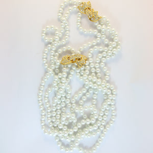 Signed Vintage Kenneth Jay Lane Triple Strand Faux Pearl Necklace & Crystal Rhinestone Clasps