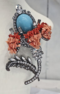 Coral and Faux Turquoise Vrba Brooch
