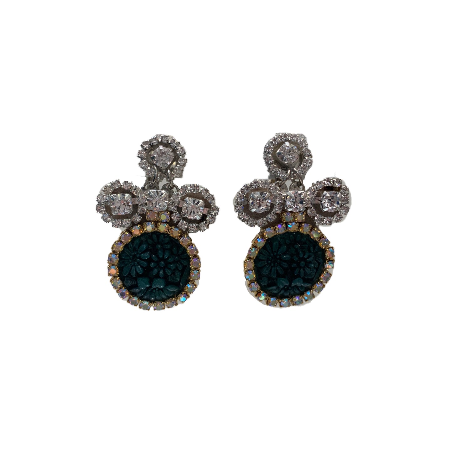 Vintage Hand Crafted Emerald Acrylic Flower Earrings with Crystals (Clip-On)