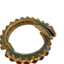 Load image into Gallery viewer, Signed Kenneth J Lane &quot;KJL&quot; Gold Toned Red Crystal &amp; Blue Cabochon Snake Head Clamper Bangle
