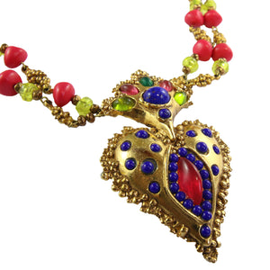 Christian Lacroix Vintage Double Chain Gold, Pink, Purple, Green Pendant Heart Necklace c.1980s - Harlequin Market