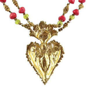 Christian Lacroix Vintage Double Chain Gold, Pink, Purple, Green Pendant Heart Necklace c.1980s - Harlequin Market