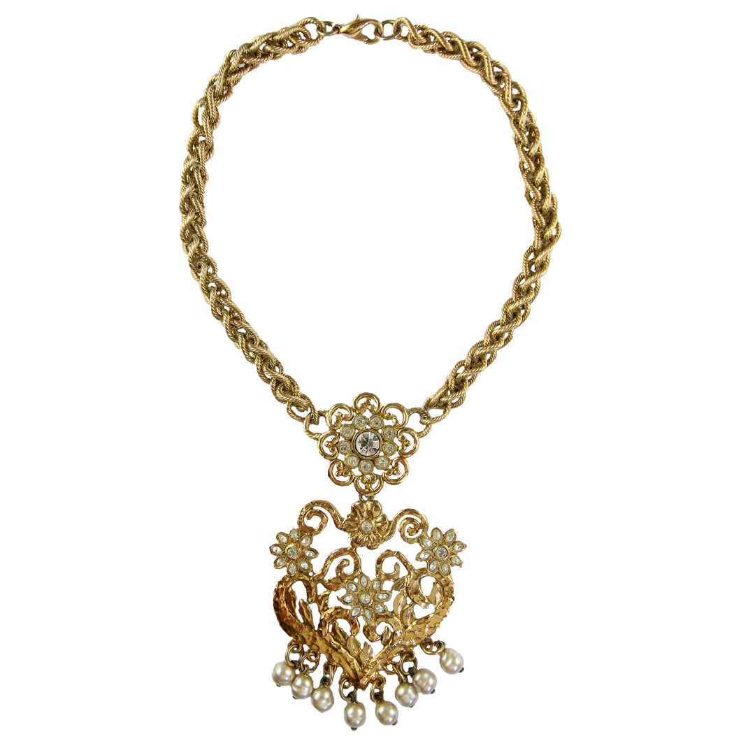 Christian Lacroix Vintage Embroidered Lace Motif Gold Tone Heart Chain Necklace c.1980s - Harlequin Market