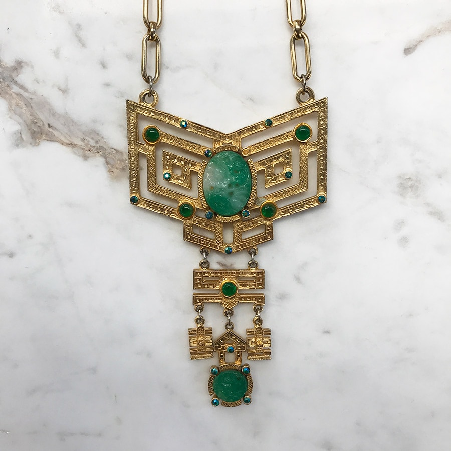 Vintage Gold Plated Intricate Necklace with Hand Carved Faux Jade c. 1970