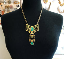Load image into Gallery viewer, Vintage Gold Plated Intricate Necklace with Hand Carved Faux Jade c. 1970