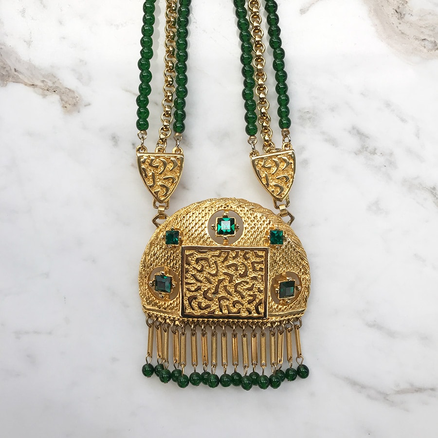 Lucien Piccard Signed Gold Plated Mogul Style Necklace with Emerald Green Glass Beads c. 1970