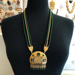 Lucien Piccard Signed Gold Plated Mogul Style Necklace with Emerald Green Glass Beads c. 1970