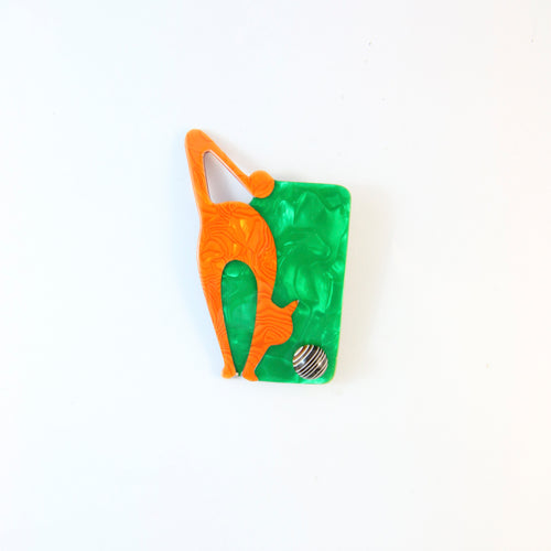 Lea Stein Cat With Ball Art Deco Brooch Pin - Green & Orange