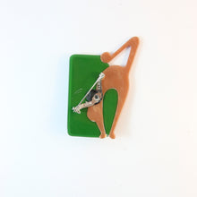 Load image into Gallery viewer, Lea Stein Cat With Ball Art Deco Brooch Pin - Green &amp; Orange
