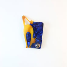Load image into Gallery viewer, Lea Stein Cat With Ball Art Deco Brooch Pin - Yellow, Dark Blue