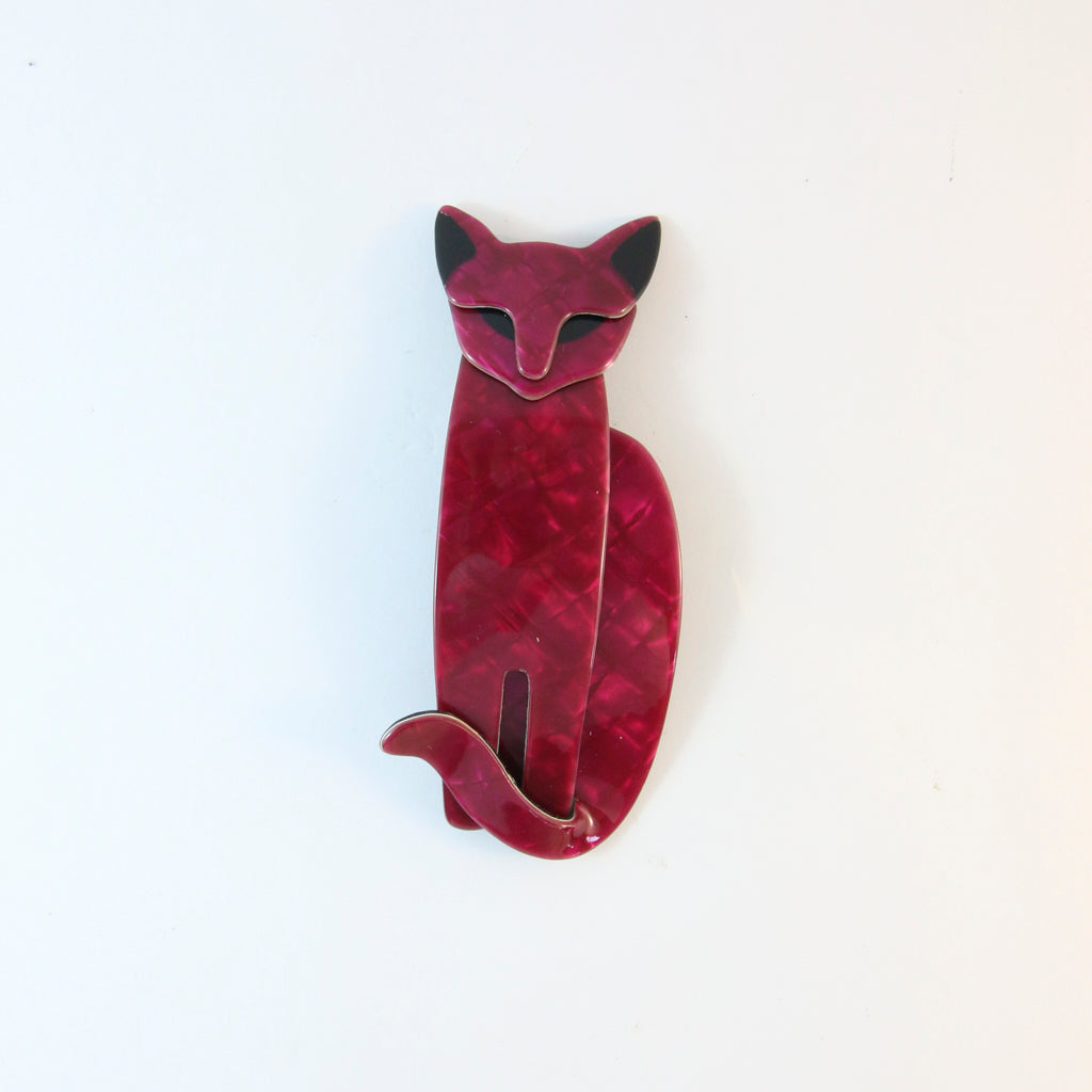 Lea Stein Quarrelsome Cat Brooch Pin - Maroon Grid With Black Ears & Eyes