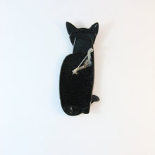 Load image into Gallery viewer, Lea Stein Quarrelsome Cat Brooch Pin - Maroon Grid With Black Ears &amp; Eyes