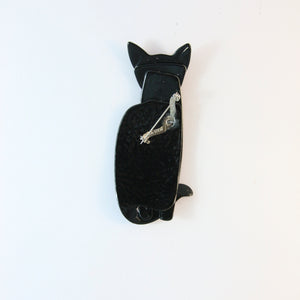 Lea Stein Quarrelsome Cat Brooch Pin - Maroon Grid With Black Ears & Eyes
