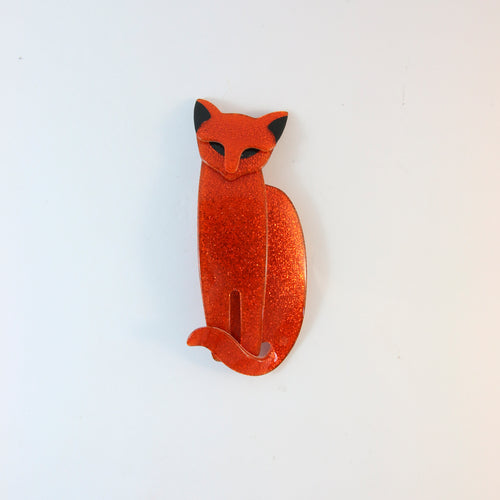 Lea Stein Quarrelsome Cat Brooch Pin - Orange Glitter With Black Eyes & Ears