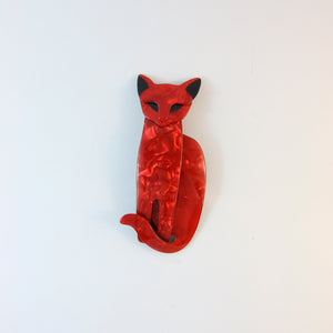Lea Stein Quarrelsome Cat Brooch Pin - Ruby Red Grid With Black Eyes & Ears