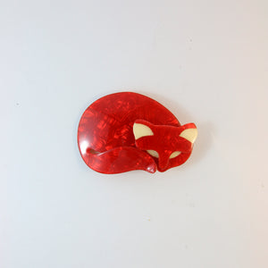 Lea Stein Sleeping Cat Brooch Pin - Red With Cream Eyes & Ears