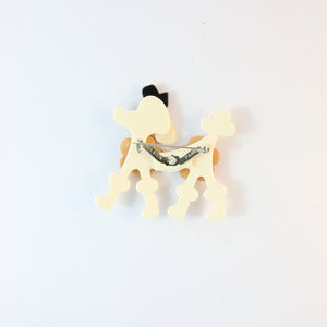 Lea Stein Signed Poodle Brooch Pin - Cream & Red with Yellow & Orange Tiled Pattern