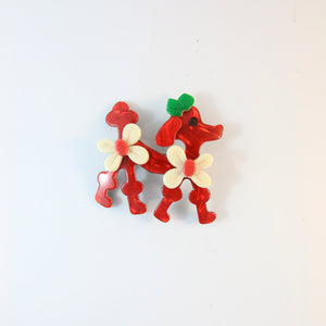 Lea Stein Signed Poodle Brooch Pin - Red & Green With Cream & Orange Flowers