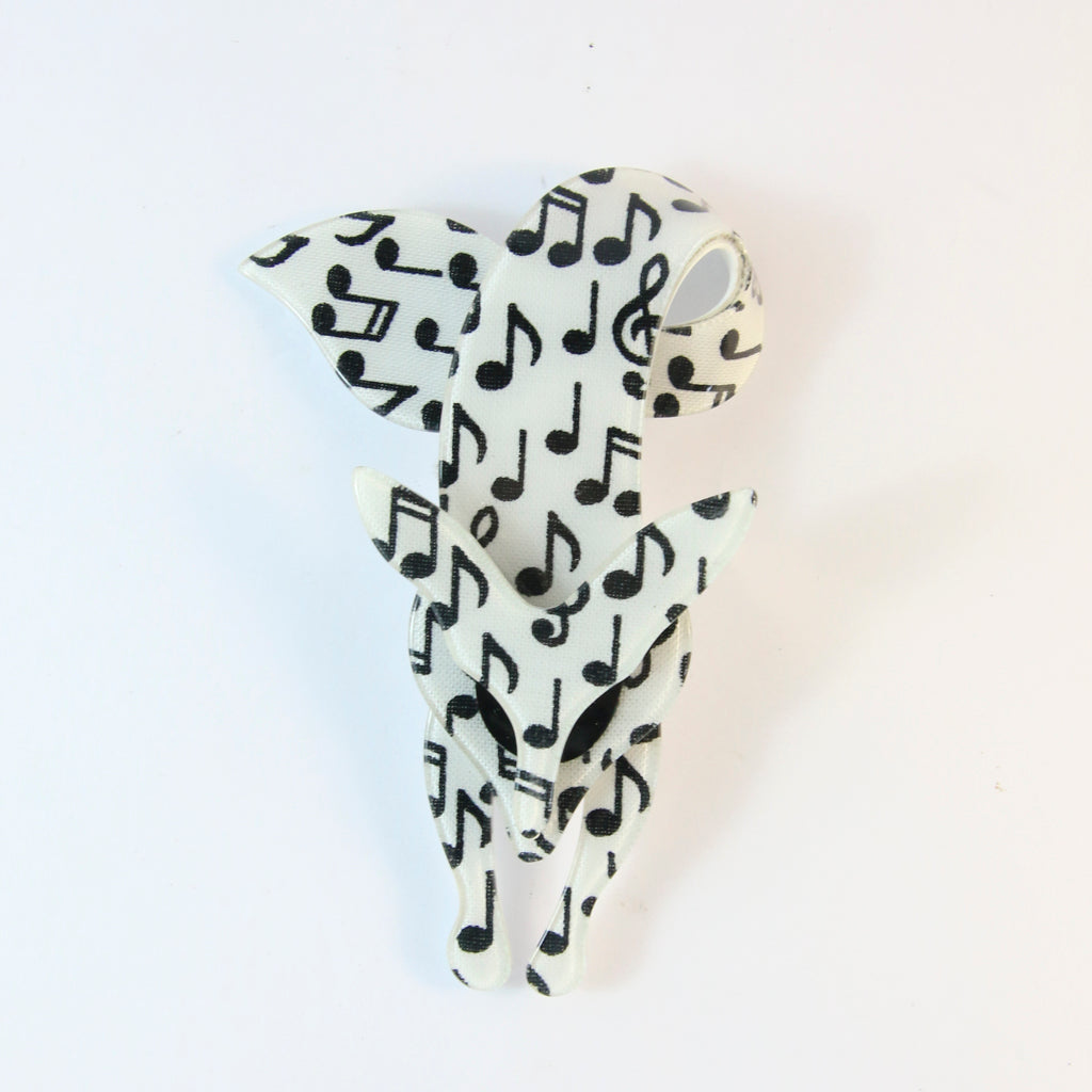 Lea Stein Famous Renard Fox Brooch Pin - White With Black Music Notes