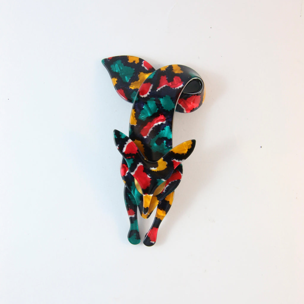 Lea Stein Famous Renard Fox Brooch Pin - Red, Yellow, Black
