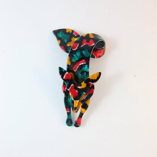 Lea Stein Famous Renard Fox Brooch Pin - Red, Yellow, Black & Green Design