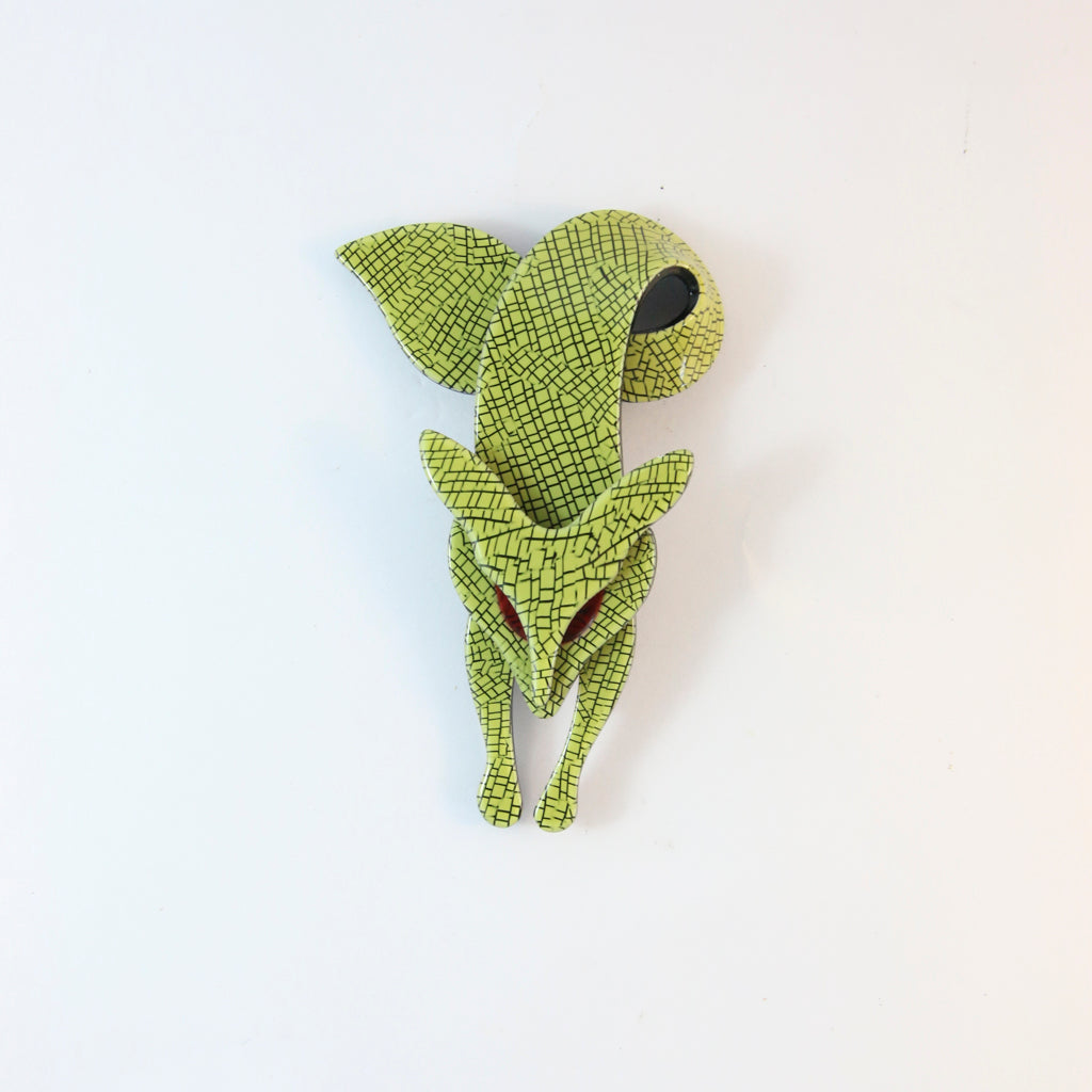 Lea Stein Famous Renard Fox Brooch Pin - Lime Green Tile Design & Red Eyes