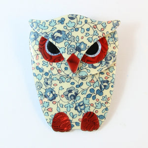 Lea Stein Signed Buba Owl Brooch Pin - Blue Floral With Red Eyes & Feet