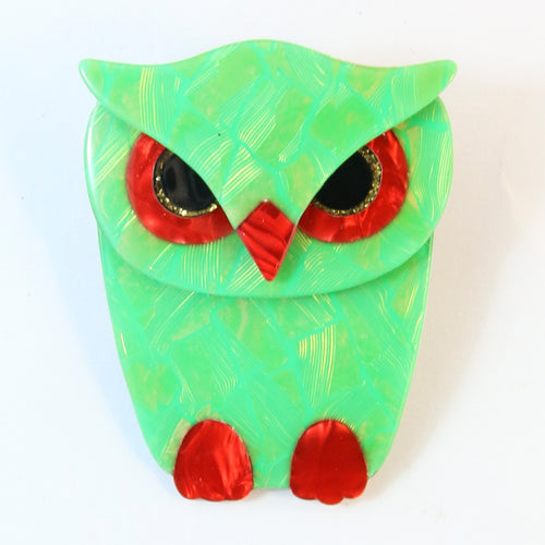 Lea Stein Signed Buba Owl Brooch Pin - Luminous Green Holographic Design
